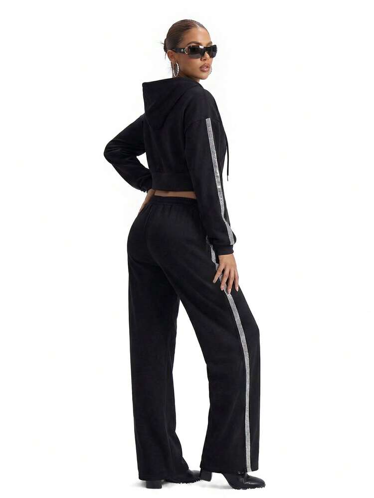 BABYPHAT Wide Leg Joggers With Rhinestone Side Stripe Detail Elastic Waist Drawstring Casual Sweatpants Fall Winter Loungewear