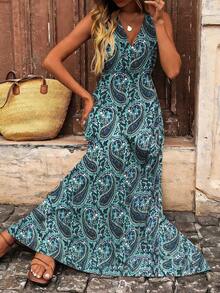 SHEIN Holidaya V 领无袖佩斯利印花连衣裙长款女装 - 綠色 - 查看 4
