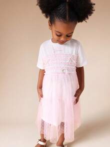 SUMWON Girls Short Sleeve Graphic Tee With Pink Text Print And Tulle Overlay Detail For Spring Summer Casual Wear Vacation - Baby Pink - View 4