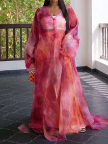 Veslaya 秋冬新款优雅派对约会晚宴毕业典礼婚礼生日情人节聚会单身派对奢华宴会性感宽松深V领蝙蝠袖A字高开衩扎染印花长裙，适合大码女性，日落色系橙色度假套装两件套，女士多色度假装曲线亮粉色 - 彩色 - 查看 7