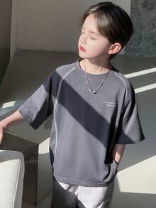 青少年男童标语印花圆领插肩短袖休闲宽松T恤 夏季 - 灰色 - 查看 1