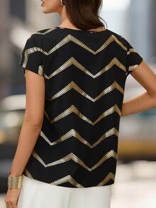 Editum Women's Foil Wavy Striped Round Neck Dolman Sleeve Side Tie Waist Fashion Blouse - Multicolor - View 2