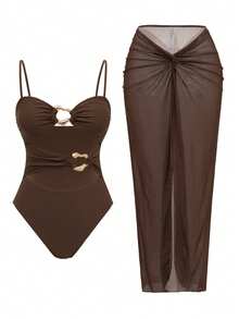 Glamine 纯色性感镂空沙滩长裙 - 棕色 - 查看 4