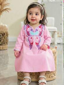 Elegant, Gorgeous & Cute Pink Printed Long Sleeve Dress - Multicolor - View 6