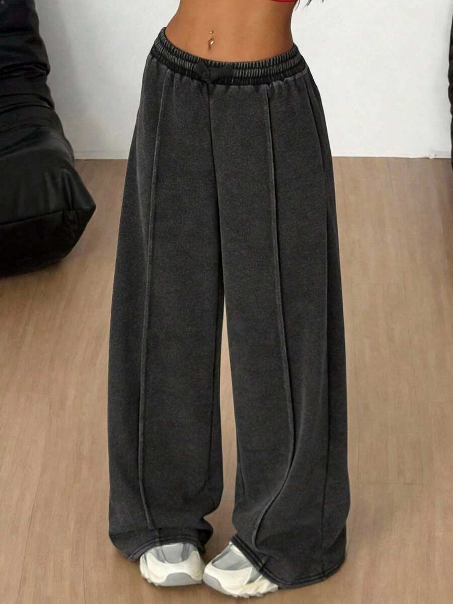 SHEIN 少女蓬松雪绒水洗羊毛宽松运动裤，休闲百搭，适合日常穿着 - 黑色 - 查看 1