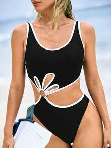 Swim SPRTY 1pc Women's Black & White Hollow Flower Swimsuit, Summer - Black - View 5