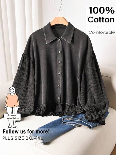 CosyJoli Plus Size Women Button Down Shirt, Long Lantern Sleeve Blouse, Washed Snowflake Shirt, Casual Y2K Streetwear Top, Preppy Casual Streetwear Girl Top