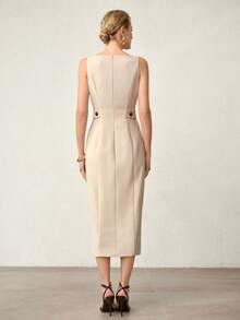 MOTF PREMIUM ELEGANT FITTED SLIT SPLIT THIGH MIDI DRESS, SPRING/SUMMER - Khaki - View 3