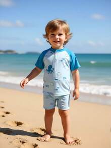 1pc Cute Underwater Animal Print Baby/Toddler Boys' Swimsuit Set,Aqua Blue Stretchy Knit Rash Guard For Summer Vacation Holiday Beach,Short Sleeve - Multicolor - View 4