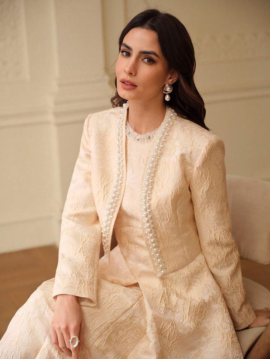 ZEYLAH Women's Elegant Jacquard Faux Pearl Beaded Front Open Jacket, Autumn - Apricot - View 1