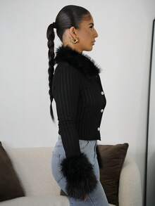 SAYEHFBABY 女士纯色毛领长袖单排扣修身时尚T恤 - 黑色 - 查看 5