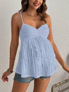 SHEIN Áo hai dây cho bà bầu ren màu trơn, thiết kế xếp ly, thời trang nữ. - Màu xanh lam - Xem 4