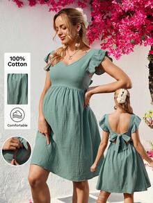 SHEIN Maternity Solid Color V-Neck Flutter Sleeve Tie Back Nursing Dress - Mint Green - View 1