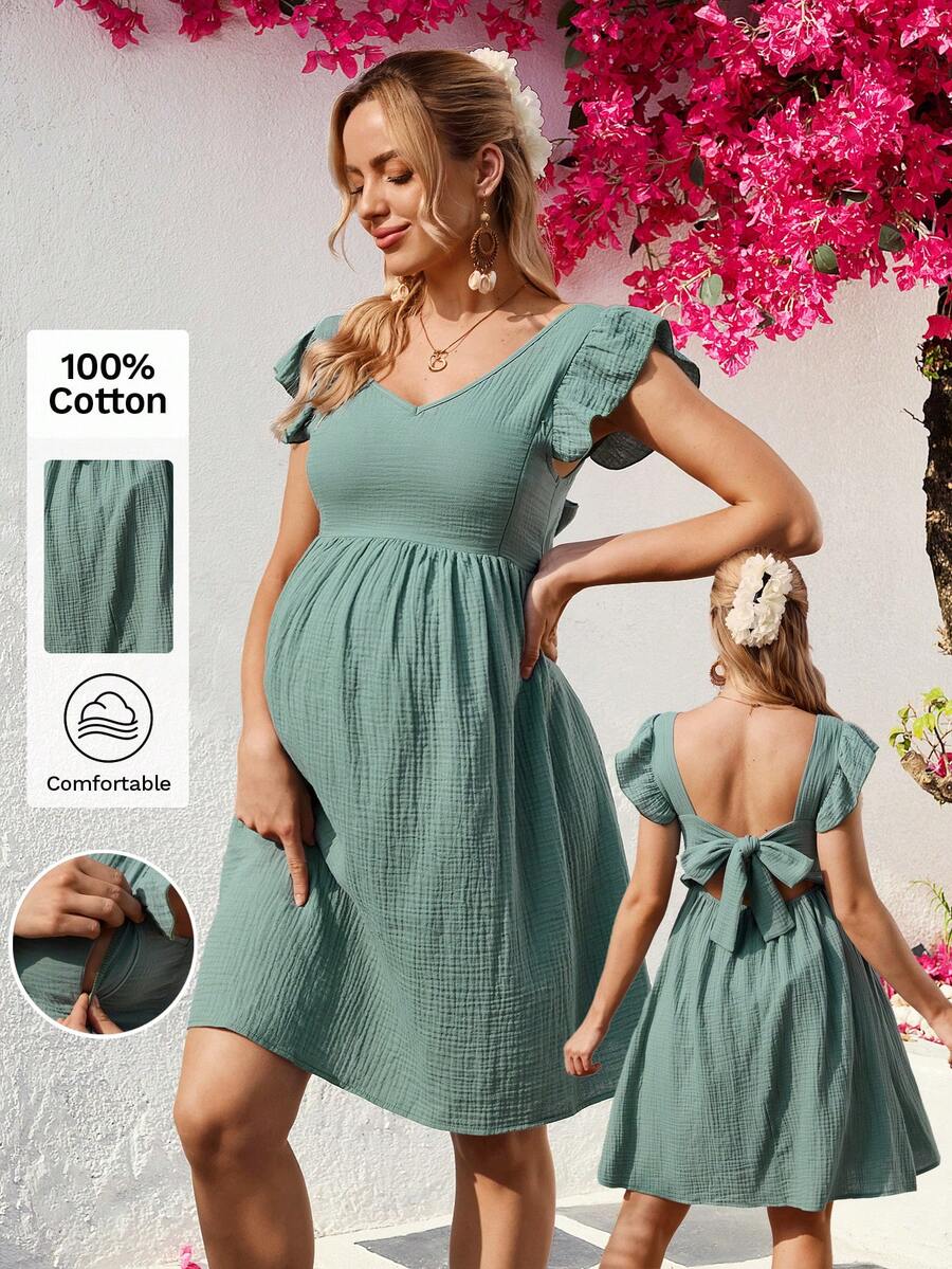 SHEIN Maternity Solid Color V-Neck Flutter Sleeve Tie Back Nursing Dress - Mint Green - View 1