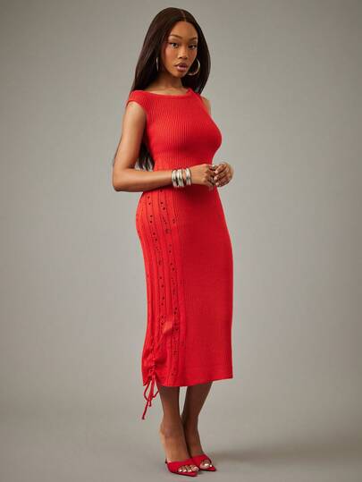 NYA SZN Röd, stickad klänning med bare axelband och snörning