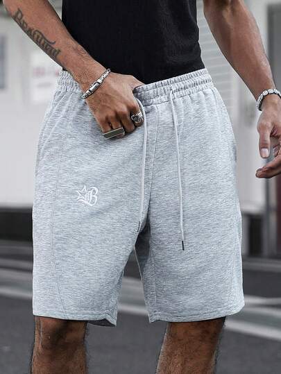 PAVTROS 男士简约刺绣图案休闲针织短裤，宽松直筒高街拼接运动裤