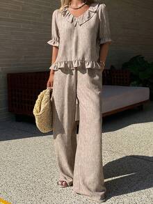 Livesso Women's Ruffled Hem Casual Top And Loose Pants 2 Pieces Set, Summer Holiday - Beige - View 1