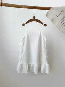 Young Girls White Textured Spaghetti Strap Dress, Pleated Soft Fabric, Ruffle Trim, Loose A-Line Silhouette, Bow Tie Accent, Sweet & Charming, Suitable For Summer Beach, Birthday Party, Princess - White - View 6