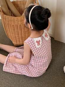 DAZY Young Girl Summer Casual Plaid Bow Embroidery Jumpsuit - Pink - View 4