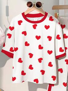 Tween Girls Cute Multicolor Heart Print Tee And Pants Co-Ord Set With Contrast Piping Drop Shoulder Short Sleeve Round Neck Regular Fit - Multicolor - View 4