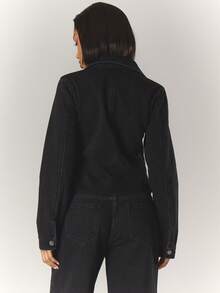 MUSERA 修身钩眼细节收腰长袖牛仔夹克街头风可爱优雅休闲性感外出太妃糖时尚 - 黑色 - 查看 5