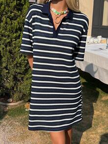 DAZY Women's Collared Textured Fabric Striped Casual Mini Dress - Navy Blue - View 3