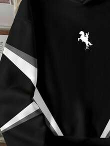 Manfinity Joysei 极简撞色图案宽松套头连帽衫，休闲百搭，适合约会、派对、情侣装、家庭亲子装，也是送给男友的绝佳礼物。 - 黑色 - 查看 2