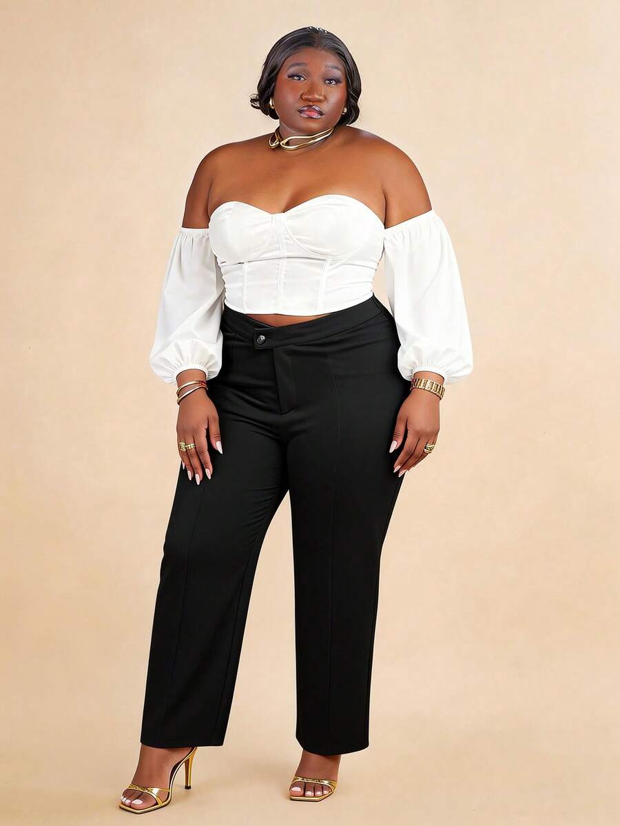 CurvyTilda Plus Straight Leg Pants - Black - View 1