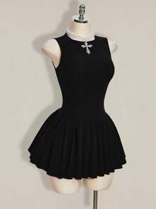 SHEIN ICON 女士夏季时尚纯色圆领褶裥下摆迷你连衣裙 - 黑色 - 查看 7