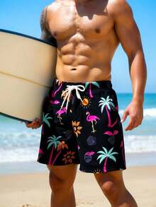 Manfinity VDAYZ 男士棕榈树印花抽绳腰带沙滩短裤 - 黑色 - 查看 4