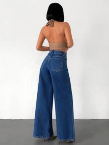 EURMUSE Quần jean cạp cao, đã giặt, ống siêu rộng - Rửa trung bình - Xem 2