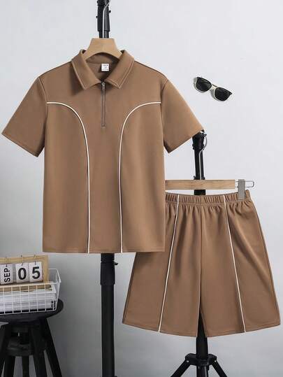 SHEIN 男童宽松休闲翻领针织纯色短袖polo衫和短裤两件套，适合通勤、上学、日常休闲外出、运动、春夏穿着。