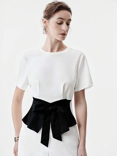 Aalyst Women's Summer Casual Outfit, Elegant & Fashionable For New Year, Valentine's Day, Easter, Mother's Day, Middle Eastern Wedding, Workplace, Romantic Vacation. Minimalist Style, Contrast Color Block, Tie Waist, Short Sleeve Blouse, White