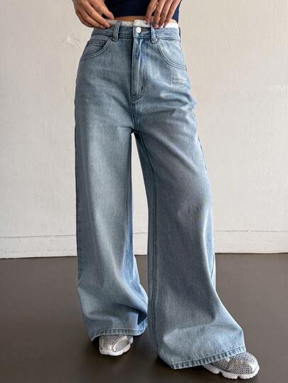 DAZY 女士常规腰围撞色腰带宽松直筒牛仔裤，休闲街头风水洗牛仔裤