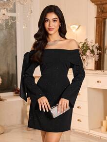 Modelyn Women's Elegant Embroidered Off Shoulder Cinched Waist Side Bow Black Mini Dress - Black - View 1