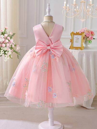 Glamorique Kids Young Girls' Sweet & Elegant Princess Dress, Round Neck Faux Pearl Decor Sleeveless V-Back Bowknot Waist Embroidery Floral Mesh Dress, Suitable For Holiday Party, Birthday Gift, All Season Fall Winter