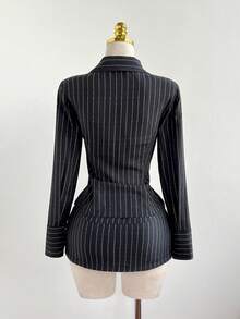 Elamini Women's Elegant Striped Long Sleeve Shirt And Low Waist Striped Skirt 2-Piece Set, Versatile For Daily, Commute, Party, Autumn/Winter - Multicolor - View 2