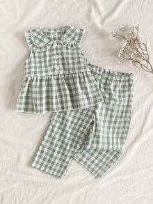 SHEIN Vintaside Kids 女婴两件套，可爱时尚的浅绿色格子无袖上衣和裤子，学院风春夏装 - 綠色 - 查看 11