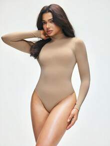 SHAPORA Bộ jumpsuit nữ không đường may cổ cao tay dài giúp thon gọn eo, bộ jumpsuit định hình cơ bản dành cho nữ, có thể mặc như áo khoác ngoài. - Màu be - Xem 5