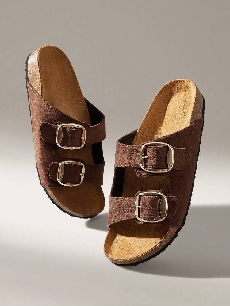 Solecia Sandálias Rasteiras Casuais Femininas com Fivela, Versáteis para o Verão - Café - Visão 6