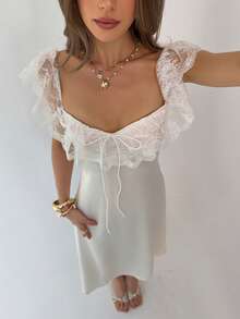 Aloruh Women's New Summer Casual Contrast Lace Ruffle Hem Dress - Beige - View 8