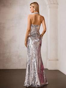 MOTF Soiréza 撞色亮片露背鸡尾酒裙 - 銀色 - 查看 4