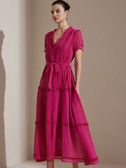 Aveloria Rosie Elegant V-Neck Ruffle Trim Cinched Waist Maxi Chiffon Dress, Fashion Vacation Design For Women