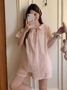 DAZY 女士可爱波点印花系领娃娃衫睡衣套装 - 粉色 - 查看 6