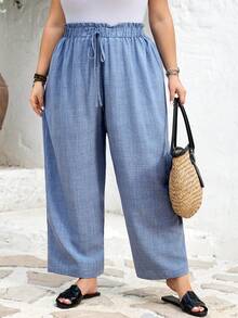 SHEIN CURVE+ Curve 尺码 US22 音乐节、海滨度假、波西米亚风 CURVE PLUS / / 女士蓝色抽绳高腰休闲锥形裤，适合度假、夏季穿着，弹性腰带，休闲乡村风，牛仔风格，教师装 - 藍色 - 查看 7