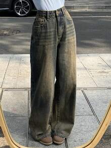 FRIFUL 女士做旧水洗直筒牛仔裤，休闲百搭长款牛仔裤 - 藍色 - 查看 5