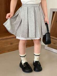 Dazy Kids 少女百褶刺绣拼接休闲百搭日常迷你裙 - 灰色 - 查看 4