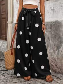 Pariaura Pantalones de pierna ancha con estilo francés y lunares con presillas para cinturón para mujer - Negro - Ver 6