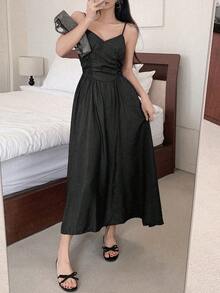 DAZY Women's Summer Spaghetti Strap Waist Cinched Maxi Vacation Dress Sundress - Black - View 1