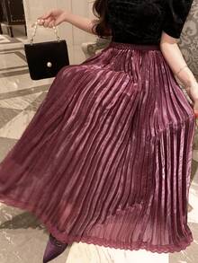DAZY Women's Elastic Waist Elegant Lace Patchwork Pleated Maxi Skirt - Burgundy - View 5